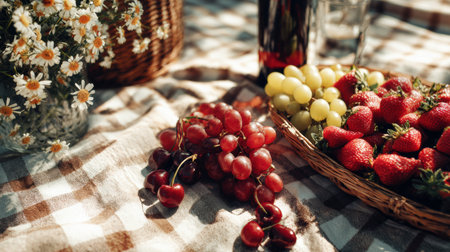 Savoring a delightful picnic with a blanket spread on grass, featuring wine and an array of fresh summer fruits under warm sunlight.の素材