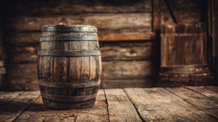 A wooden wine barrel rests on the weathered floor of an old barn, surrounded by rustic decor and warm lighting, evoking a cozy ambiance.の素材