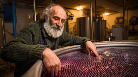 A winemaker examines and filters wine in a cozy cellar, surrounded by barrels and warm, soft lighting that enhances the craft atmosphere.の素材