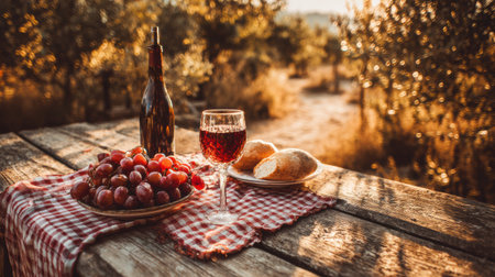 Gathered around a rustic wooden table, friends savor a delightful picnic with wine, fresh bread, and seasonal fruits in a serene outdoor landscape.の素材
