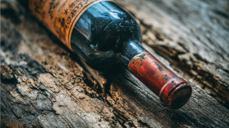 Vintage wine bottle lays on rough wooden plank, highlighting its aged appearance and the beauty of natures imperfections.の素材