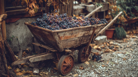 A rustic wooden wheelbarrow brims with freshly picked grapes, showing the essence of rural harvest activities in the countryside.の素材