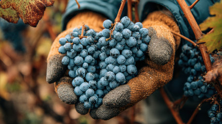 Farmer hands hold a cluster of ripe grapes, showcasing the rewarding harvest season in a vineyard bathed in warm natural tones.の素材
