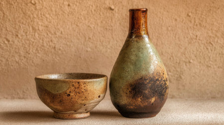 Delicate Japanese pottery showcases a bowl and a bottle, both adorned in calming neutral beige tones against a natural background.の素材