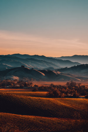 Golden sunlight casts a warm glow over vineyard rows, creating a serene atmosphere in the countryside at sunset.の素材