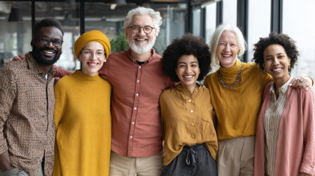A diverse team stands together in a modern office filled with warm sunlight, showing a variety of backgrounds and body types while smiling.の素材