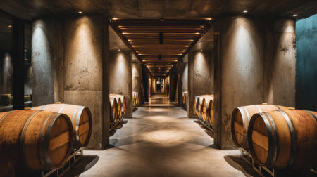 Elegant corridor in a wine cellar with wooden barrels on both sides, illuminated by moody lights, creating an inviting and dramatic scene.の素材