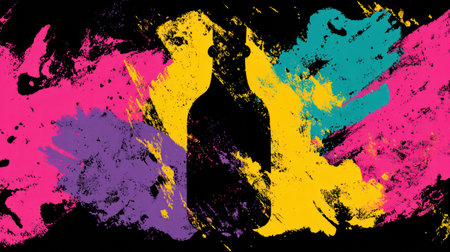 Colorful chaotic strokes surround a bottle silhouette, creating a striking contrast in this lively abstract artwork.の素材
