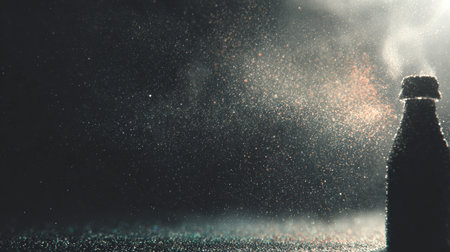 A bottle silhouette stands out against a dark background, illuminated by soft light and surrounded by floating dust, creating elegance.の素材