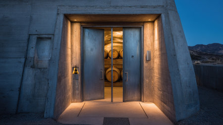 Entrance to an ultra modern winery greets visitors at dusk, featuring sleek architecture and a minimal bottle prominently displayed.の素材