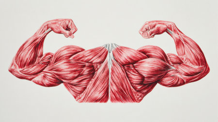 Bright red muscle illustration centered against a white background highlights muscular details and structure in a striking manner.の素材