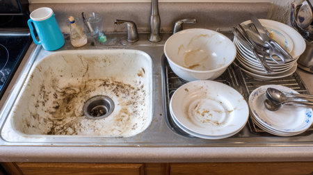 Left side shows a cluttered and dirty sink filled with dishes, while right side displays a tidy kitchen ready for cooking activities.の素材