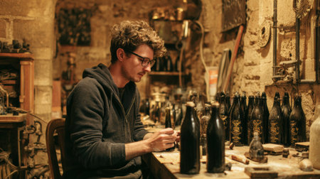 A winemaker carefully fills bottles with wine in a cozy workshop, surrounded by crafted tools and bottles, showing traditional techniques.の素材