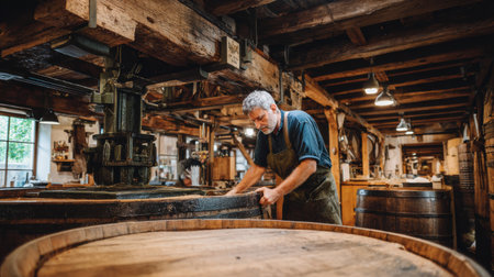 A winemaker expertly operates a vintage mechanical grape press in a rustic winery, surrounded by wooden barrels and traditional tools.の素材