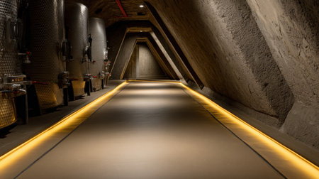 Walkway in a cellar lit by soft golden lights, highlighting its unique architecture and ambiance.の素材
