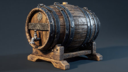 Highly detailed wooden barrel model displayed prominently, showing its texture and craftsmanship in ambient light for visual appeal.の素材