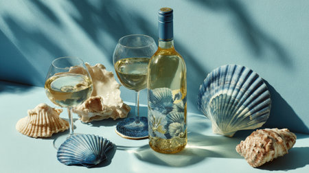 Two glasses of white wine sit beside a decorative bottle and a variety of seashells, all against a light blue background.の素材