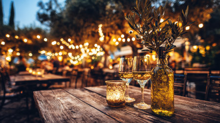 Enjoy a tranquil Mediterranean evening filled with string lights, wine, and a rustic table setting, creating a warm and inviting atmosphere.の素材