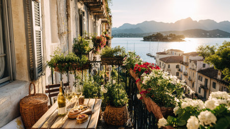 Couple enjoys wine and snacks on a balcony surrounded by vibrant flowers while the sun sets over the Mediterranean sea and mountains.の素材