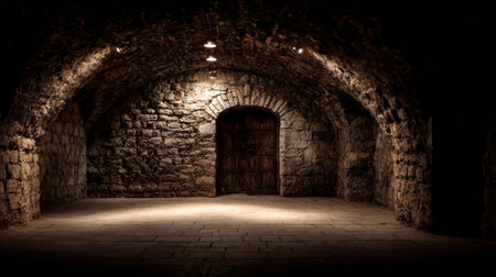 A dark stone cellar features a single golden spotlight that casts light on the textured walls and creates a dramatic atmosphere.の素材