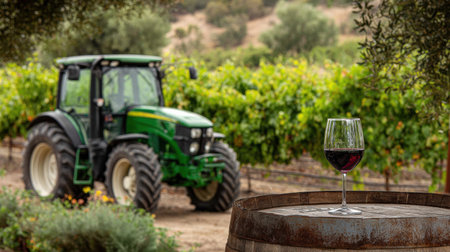 A vineyard features a green tractor in the background and a glass of red wine resting on a barrel in the foreground.の素材