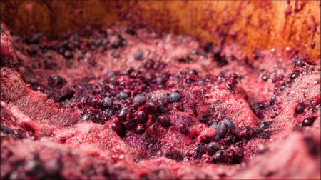 Grape skins and juice mix as fermentation occurs in a vat, highlighting the winemaking process in a winery setting.の素材
