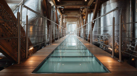 Visitors walk across a glass walkway, experiencing a stunning view of stainless steel tanks in a contemporary winery environment.の素材