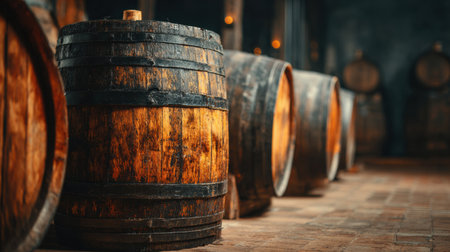 Old wooden barrels rest in a softly lit cellar, emphasizing the rustic charm and premium feel of the wine aging process.の素材