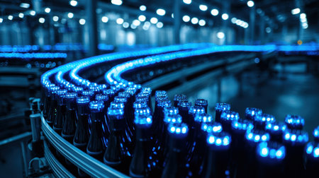 Bottles of wine are transported along a conveyor belt under bright LED lighting in a sophisticated production line setting.の素材