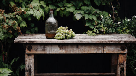A rustic wooden table holds a bunch of fresh grapes and a bottle, surrounded by lush greenery in a peaceful farm atmosphere.の素材