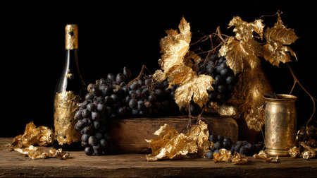 Grape vine and wine bottle are elegantly arranged with gold leaf accents, creating a luxurious still-life on a rustic wooden table.の素材