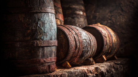 Barrels are stacked in a dimly lit winery, reflecting rustic textures and the atmosphere of wine aging, emphasizing quality and tradition.の素材