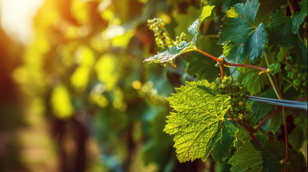 Close-up of vibrant grapevines bathed in sunlight, highlighting the beauty of organic farming in a serene vineyard setting.の素材