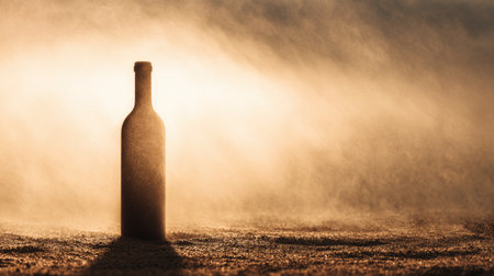 A sleek bottle stands alone, shrouded in a foggy golden haze, evoking a feeling of cinematic mystery and intrigue in a tranquil setting.の素材