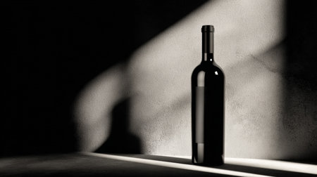 An elegant wine bottle stands alone in a soft spotlight, contrasting with the dark minimal luxury background, creating an alluring atmosphere.の素材