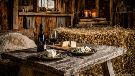 Enjoying a delightful pairing of wine and cheese on a rough wooden table in a warm farm ambiance filled with straw.の素材
