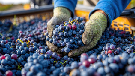 Workers carefully sort through clusters of freshly picked grapes while surrounded by lush greenery in a serene vineyard setting.の素材