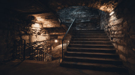 Worn stone stairs descend into a dark cellar, illuminated by warm lights at the bottom, creating an inviting yet mysterious atmosphere.の素材