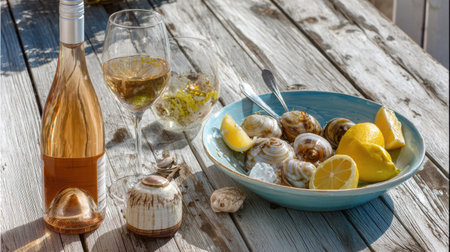 A coastal dining experience features fresh oysters, lemon wedges, and a glass of white wine, creating a delightful seaside meal atmosphere.の素材