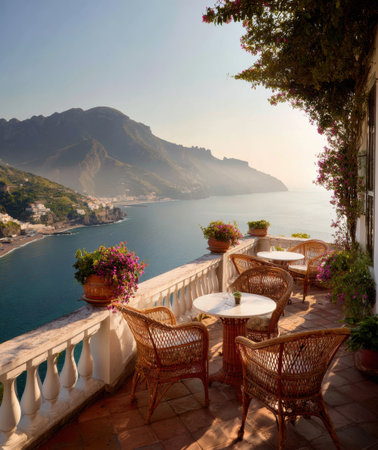 A serene vineyard terrace overlooks the Amalfi cliffs, framed by colorful flowers and a tranquil ocean haze during golden hour.の素材