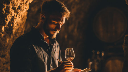 A sommelier inspects a glass of wine, holding it up to the light in a warm, dark, atmospheric wine cellar filled with wooden barrels.の素材