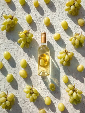 Wine bottle sits in the center of neatly arranged green grapes on a clean white canvas, creating a simple yet appealing display.の素材