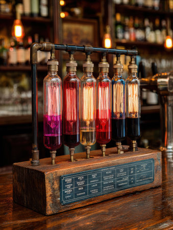 Elaborate wine lab setup features glass tubes filled with vibrant liquids, showcasing an industrial design in a dimly lit bar.の素材