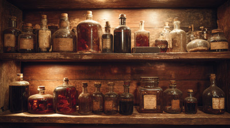 Shelves in a vintage wine cellar display an array of exquisite bottles, illuminated by soft, warm light, creating an inviting atmosphere.の素材