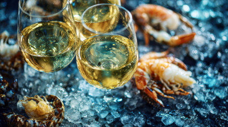 Luxury dining showcases fresh seafood on ice paired with white wine, set in an elegant atmosphere near the waterfront during sunset.の素材