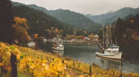 A vineyard with warm colors overlooking a peaceful harbor dotted with fishing boats amidst autumn foliage.の素材