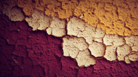Cracked paint covers an old wall, showing a blend of yellow, white, and red hues, forming an intriguing abstract design in close detail.の素材