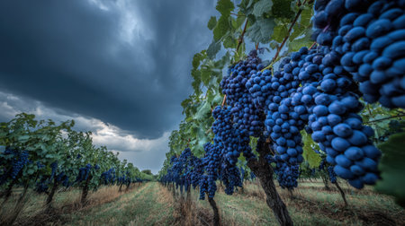 Grapevines loaded with plump grapes stretch towards a stormy sky, highlighting the beauty of harvest season in a vineyard.の素材