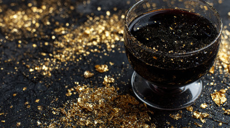 A wine glass filled with dark liquid rests on a shiny black surface, adorned with vibrant gold leaf scattered artistically around it.の素材