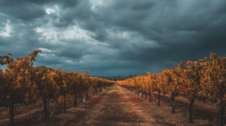 Grapes hang in rows on vines, glowing golden against a backdrop of dark, moody clouds during the harvest season.の素材